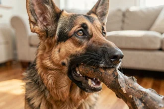 Chien berger allemand adulte mâchant un jouet en caoutchouc épais, illustrant la puissance de la mâchoire canine
