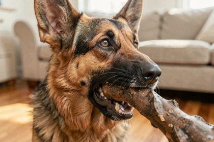 Chien berger allemand adulte mâchant un jouet en caoutchouc épais, illustrant la puissance de la mâchoire canine