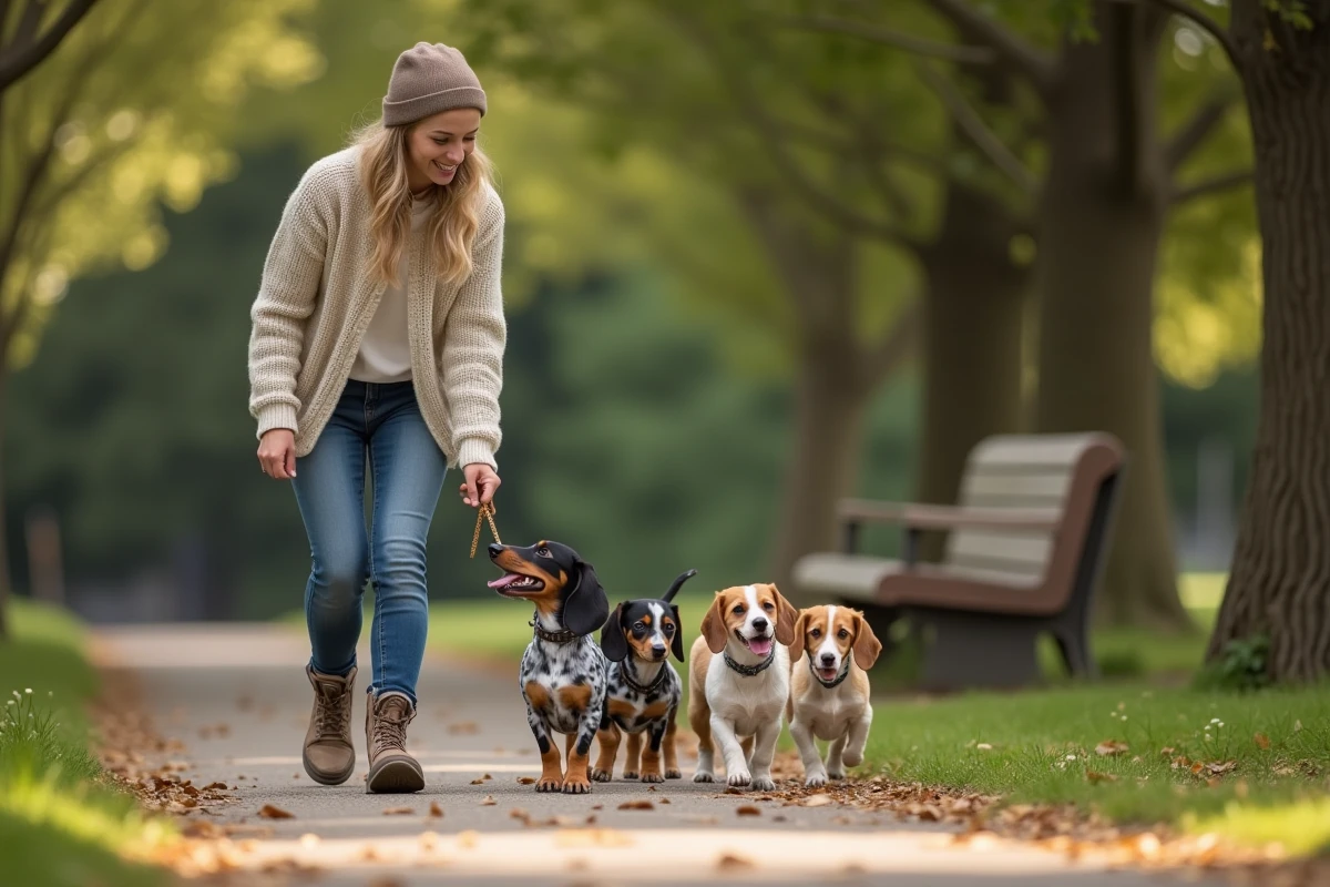 Femme guide un chiot dachshund dans un parc en famille