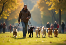 Promeneur de chiens avec plusieurs chiens dans un parc en ville ensoleille