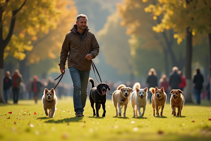 Promeneur de chiens avec plusieurs chiens dans un parc en ville ensoleille