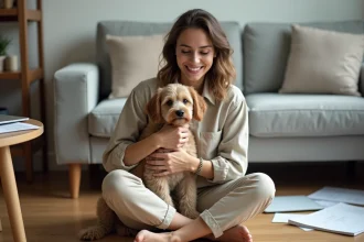 Jeune femme tenant son petit chien dans un appartement modeste en train de comparer des offres de mutuelle pour chien