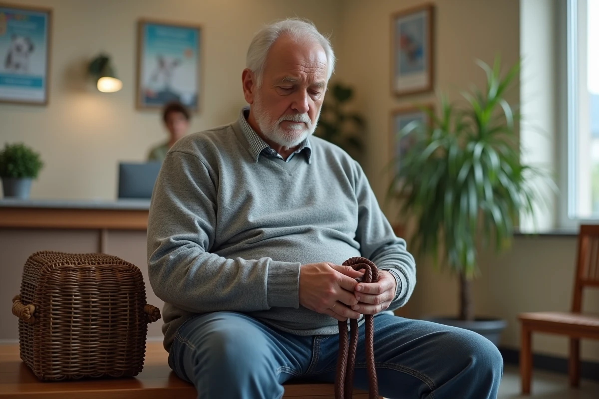 Propriétaire de chien en salle d'attente vétérinaire tenant une laisse avec une expression de tristesse