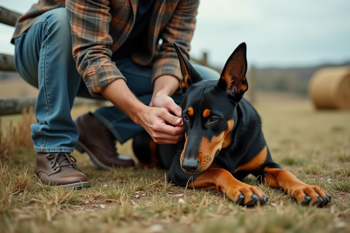 Propriétaire protégeant l'ergot d'un Beauceron à la campagne