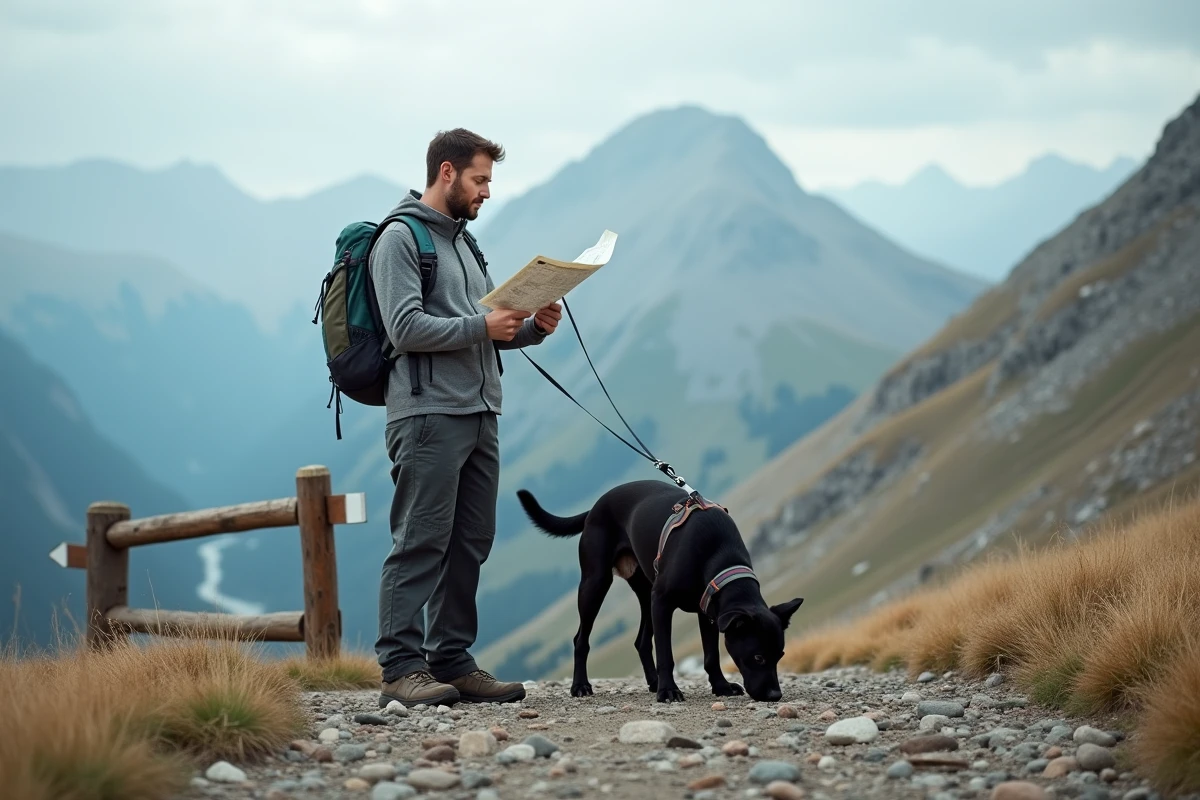 Randonneur avec son labrador consultant une carte topographique à la frontière d'une réserve naturelle en montagne