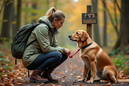 Randonneuse et son golden retriever lisant un panneau d'autorisation pour chiens sur un sentier forestier en automne