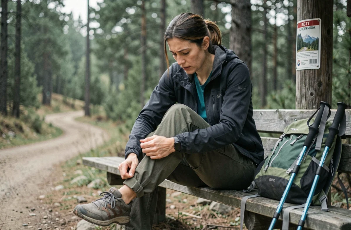Femme randonneuse inspectant sa jambe après une possible morsure d'orvet sur un sentier forestier