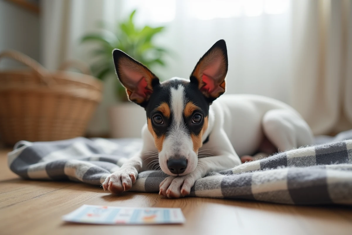 Petit rat terrier à poil court allongé sur une couverture à carreaux dans un intérieur modeste, contexte adoption abordable