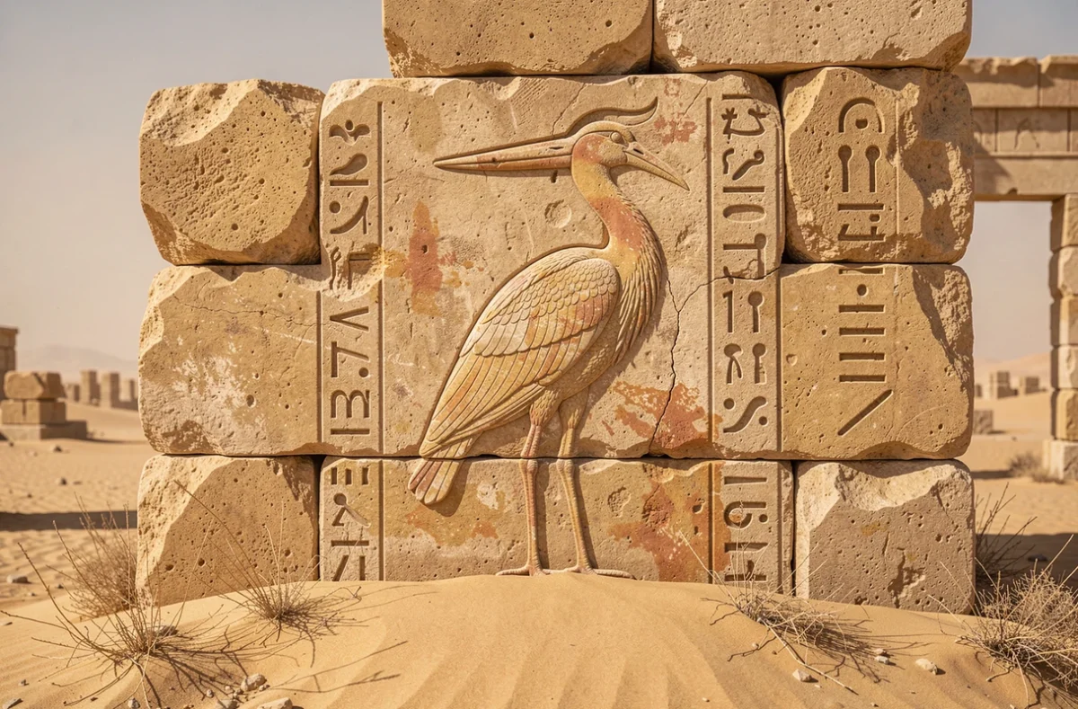 Bas-relief égyptien antique d'un oiseau Bennu héron sur un mur de temple en pierre calcaire dorée, hiéroglyphes environnants, site archéologique désertique