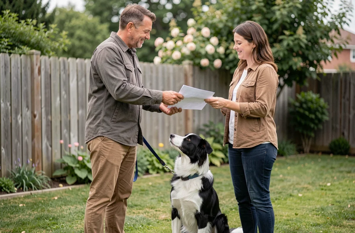 Deux personnes échangeant un document de cession de chien à titre gratuit dans un jardin avec un border collie en laisse