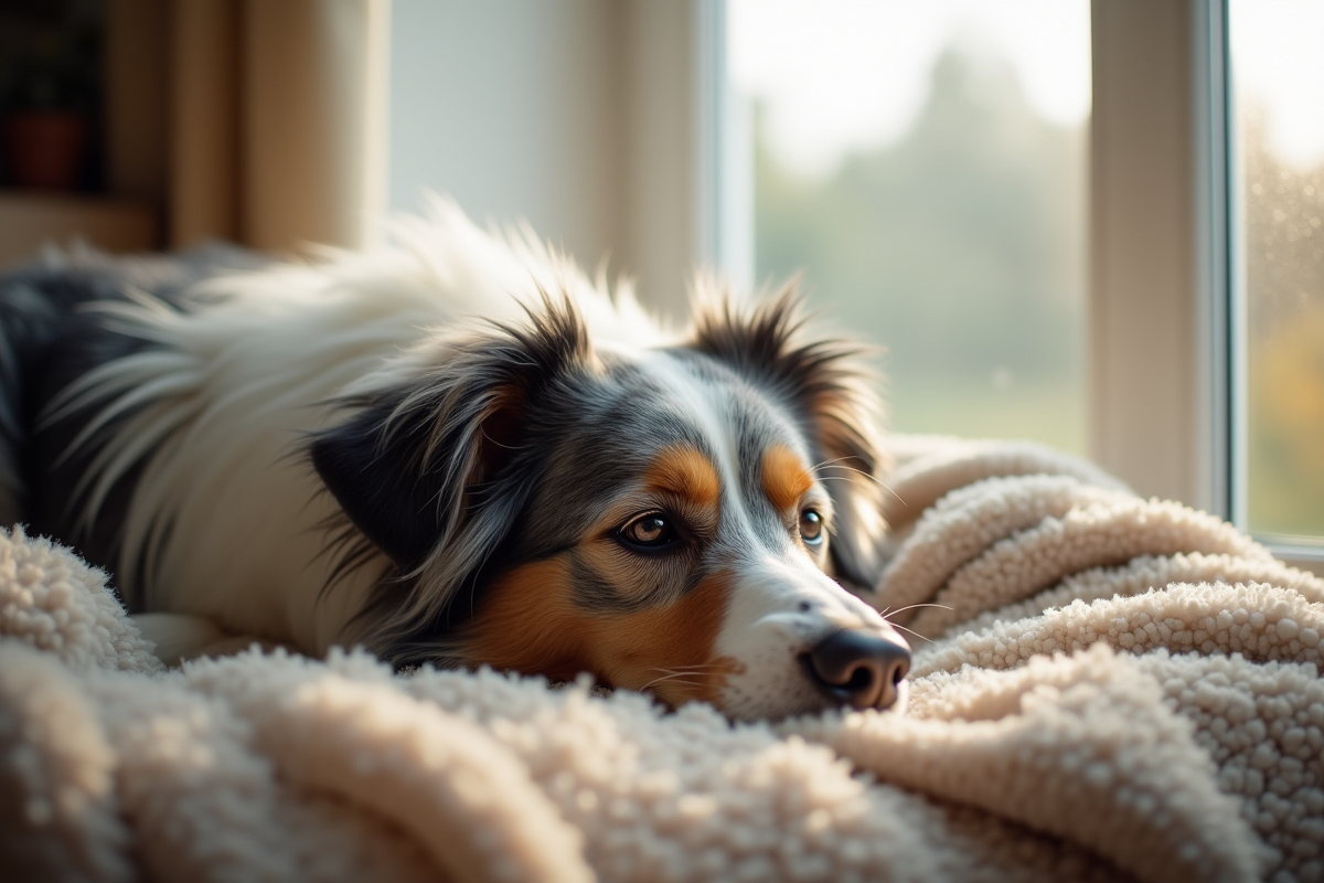 Chien australien age reposee près d une fenetre lumineuse