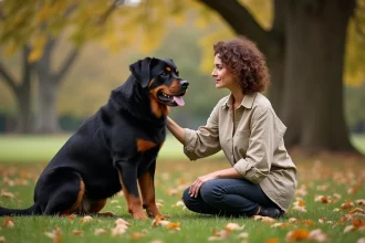 Femme et rottweiler assis ensemble dans un parc en automne, illustrant le tempérament affectueux et calme du rottweiler