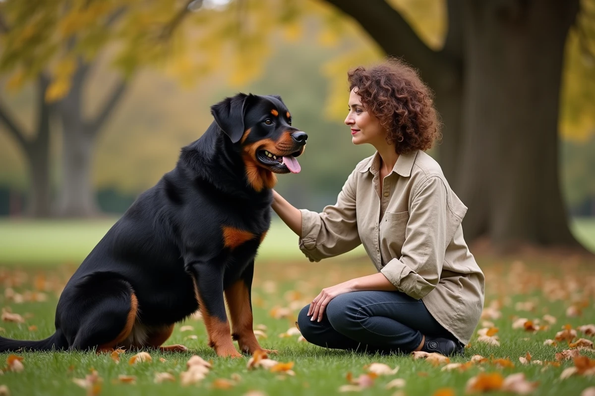Femme et rottweiler assis ensemble dans un parc en automne, illustrant le tempérament affectueux et calme du rottweiler
