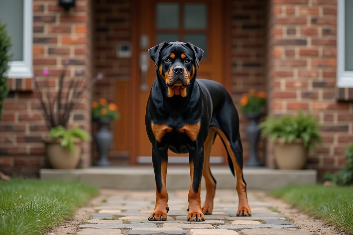 Rottweiler adulte debout devant une maison, illustrant son rôle naturel de chien de garde et de protecteur du foyer