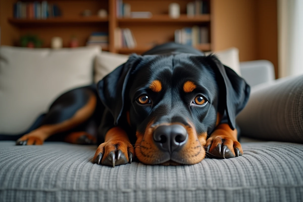 Rottweiler femelle détendue allongée sur un canapé gris dans un salon moderne en famille