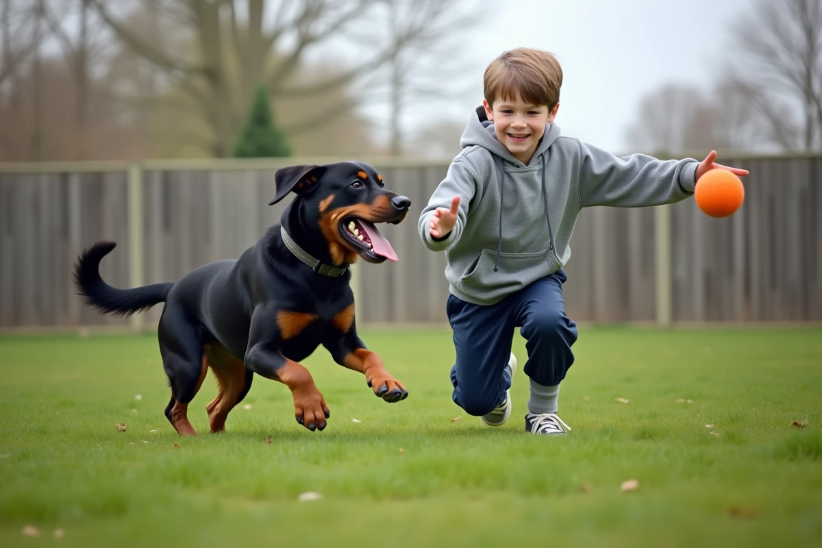 Rottweiler jouant avec un adolescent dans un jardin, montrant le côté joueur et sociable du rottweiler bien éduqué
