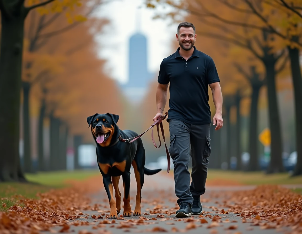 Maître-chien et Rottweiler adulte marchant ensemble en laisse dans un parc urbain en automne