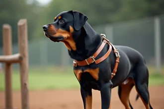 Rottweiler de travail en entraînement portant un harnais en cuir sur un terrain d'agility professionnel