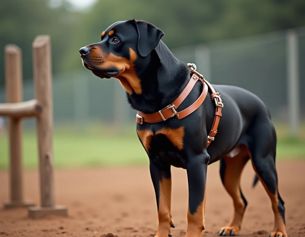 Rottweiler de travail en entraînement portant un harnais en cuir sur un terrain d'agility professionnel