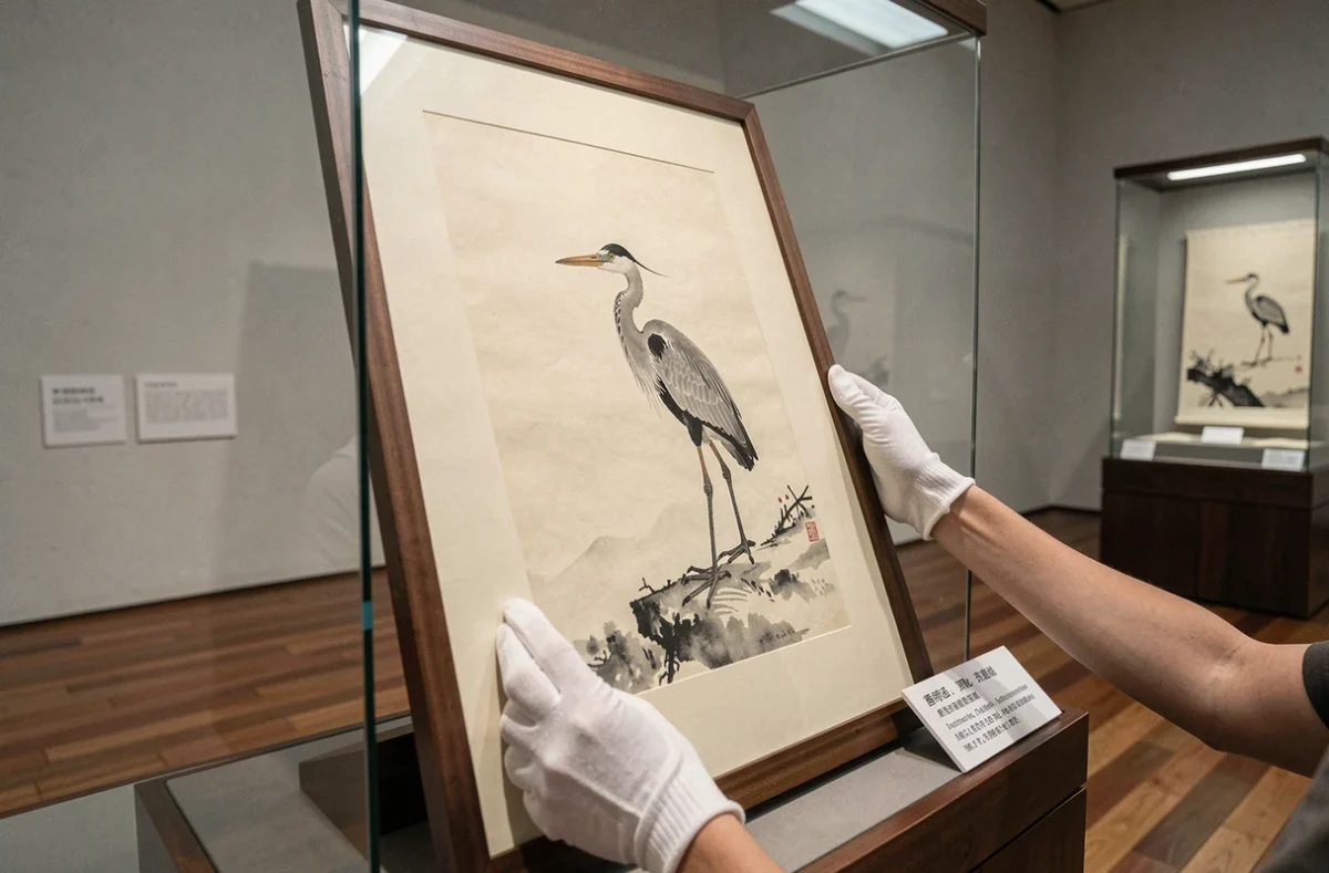 Parchemin japonais représentant un héron exposé dans une galerie muséale, mains gantées de conservateur, art traditionnel et symbolisme culturel asiatique