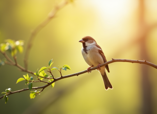 Moineau perché sur une branche ensoleillée avec lumière naturelle