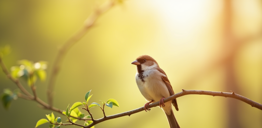 Les animaux en M : du moineau au macaque Moineau perché sur une branche ensoleillée avec lumière naturelle