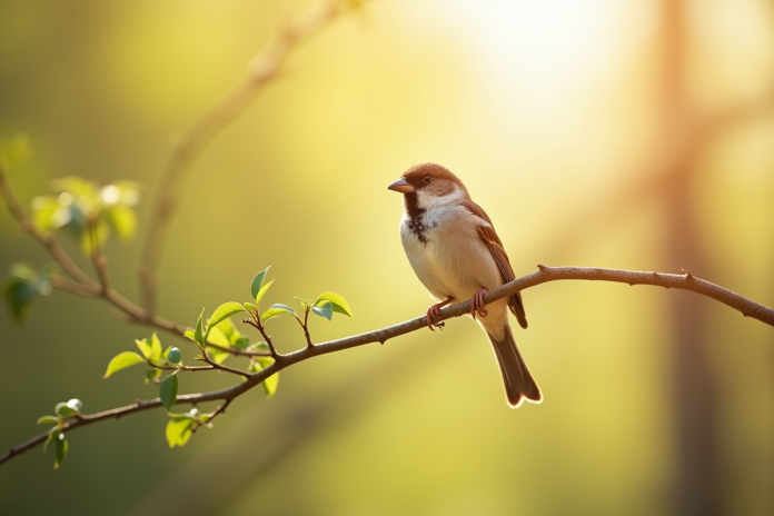 Moineau perché sur une branche ensoleillée avec lumière naturelle