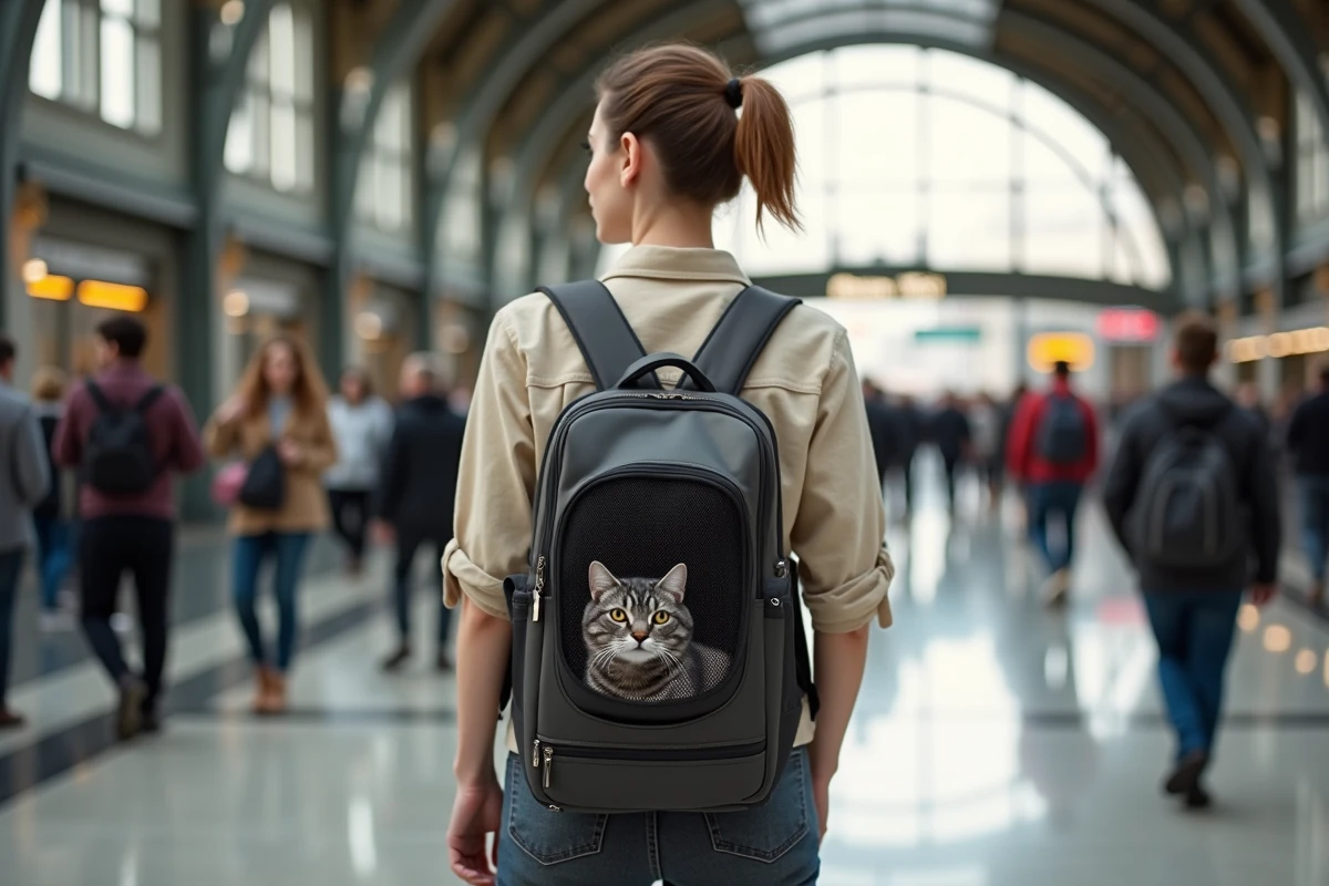 Femme portant un sac à dos de transport pour chat avec aération en maille dans une gare animée, chat british shorthair visible à l'intérieur