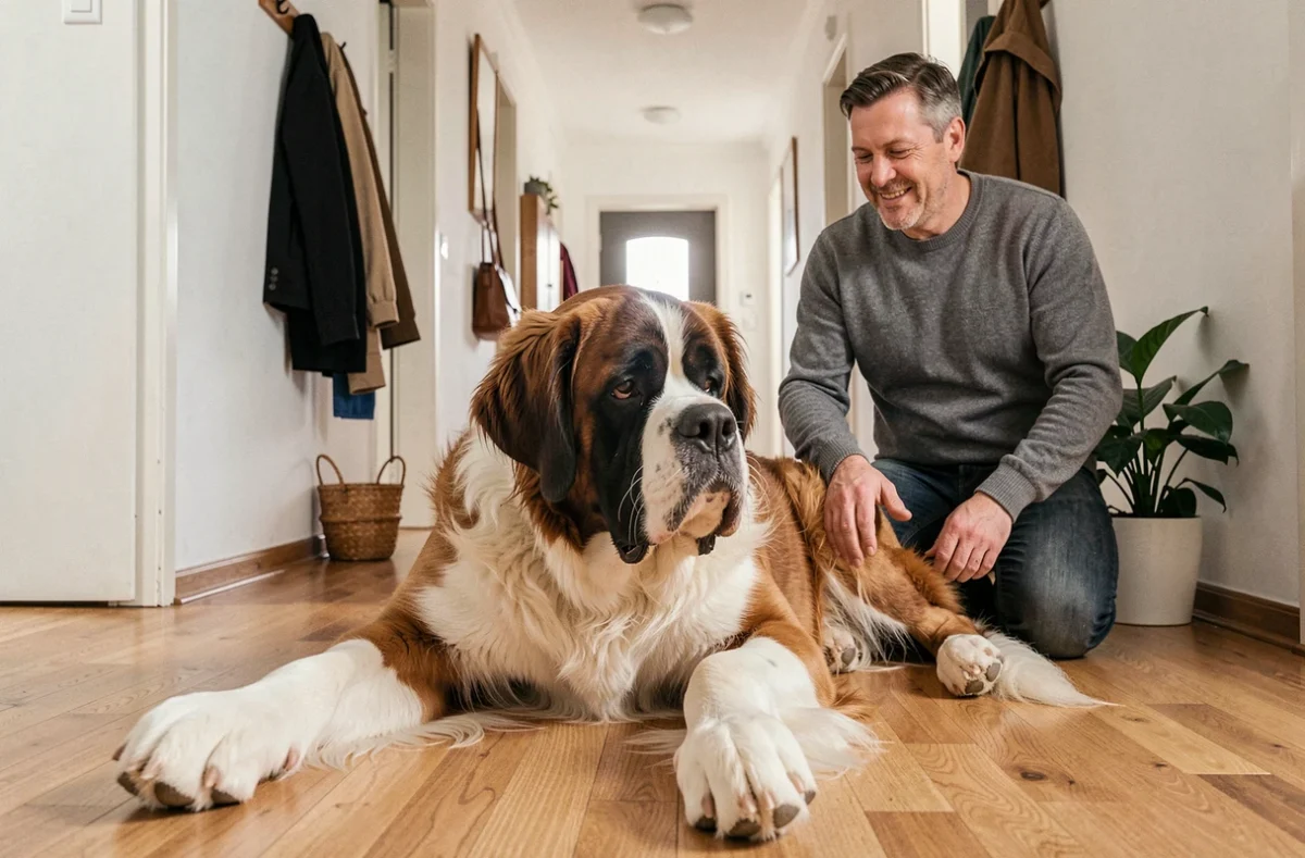 Un Saint-Bernard géant allongé dans le couloir d'un appartement avec son propriétaire, montrant les défis et la vie quotidienne avec un très grand chien en intérieur