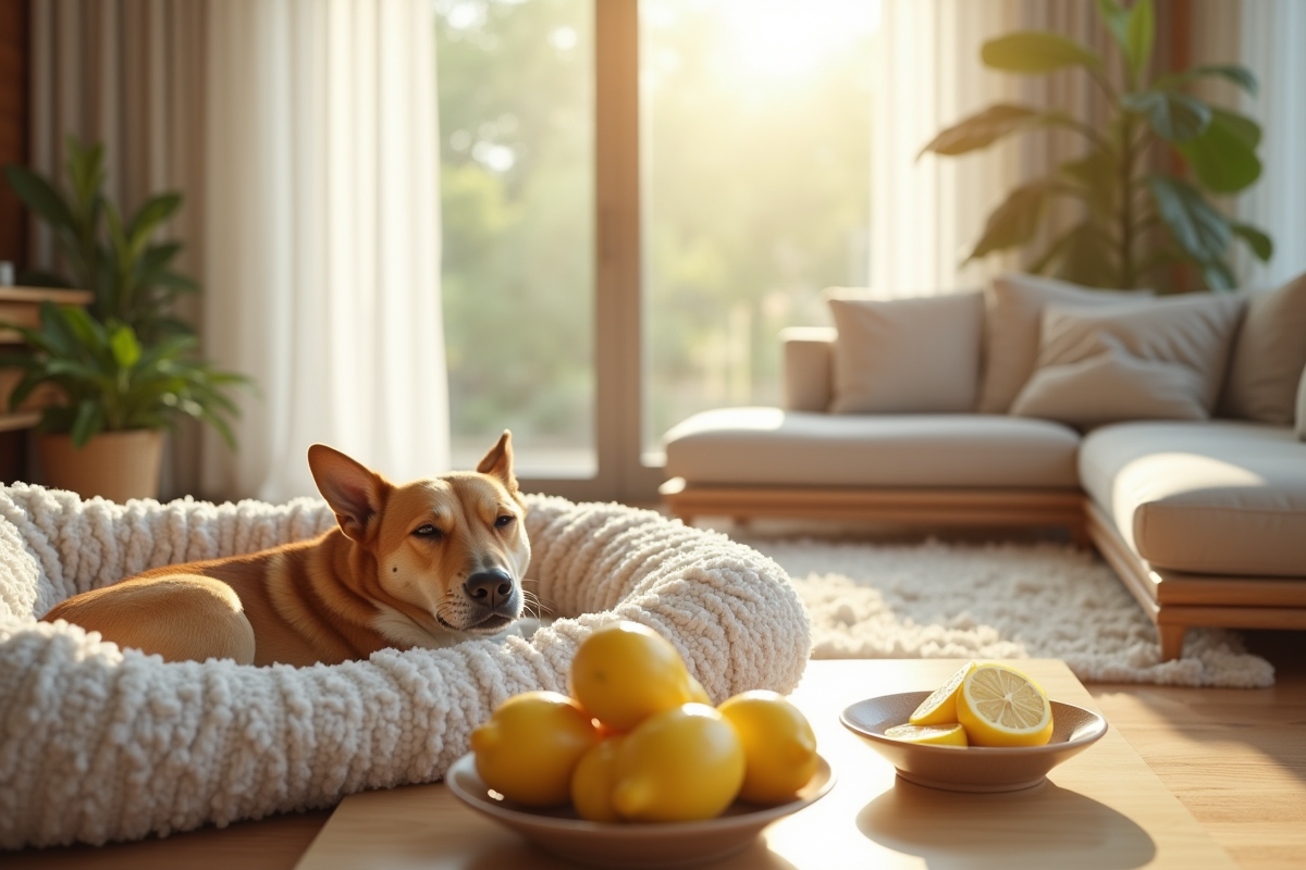 Salon lumineux avec un chien endormi et un bol de citron et bicarbonate