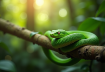 Serpent vert enroule dans un arbre tropical en plein jour