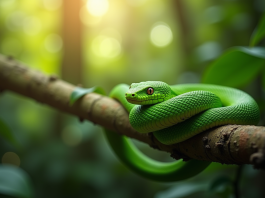 Le serpent : une espèce fascinante à respecter Serpent vert enroule dans un arbre tropical en plein jour