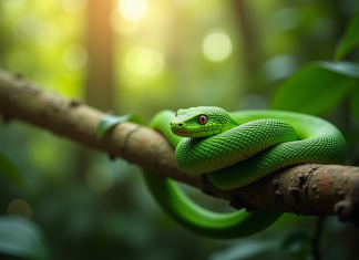 Le serpent : une espèce fascinante à respecter Serpent vert enroule dans un arbre tropical en plein jour