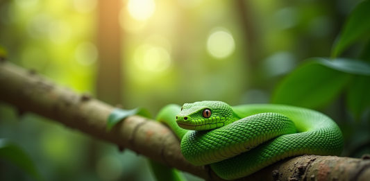 Le serpent : une espèce fascinante à respecter Serpent vert enroule dans un arbre tropical en plein jour