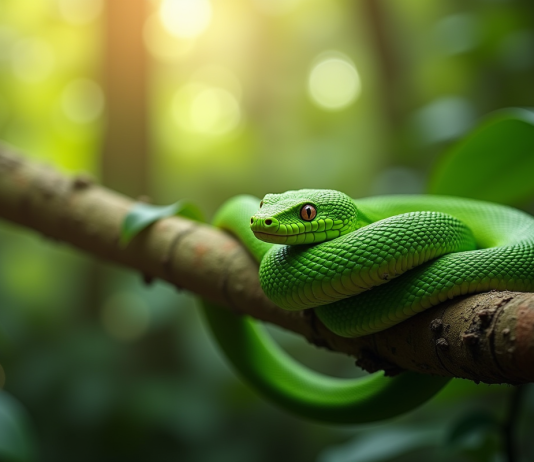 Le serpent : une espèce fascinante à respecter Serpent vert enroule dans un arbre tropical en plein jour