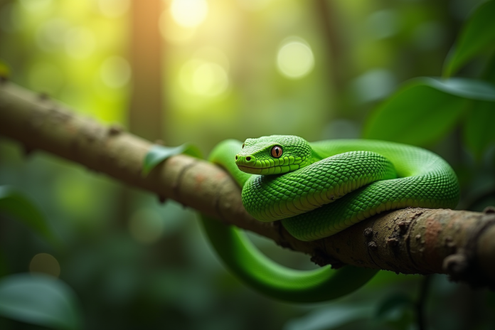 Serpent vert enroule dans un arbre tropical en plein jour