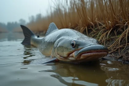 Silure géant partiellement émergé sur la berge d'une rivière européenne, montrant ses barbillons et sa peau tachetée gris-brun