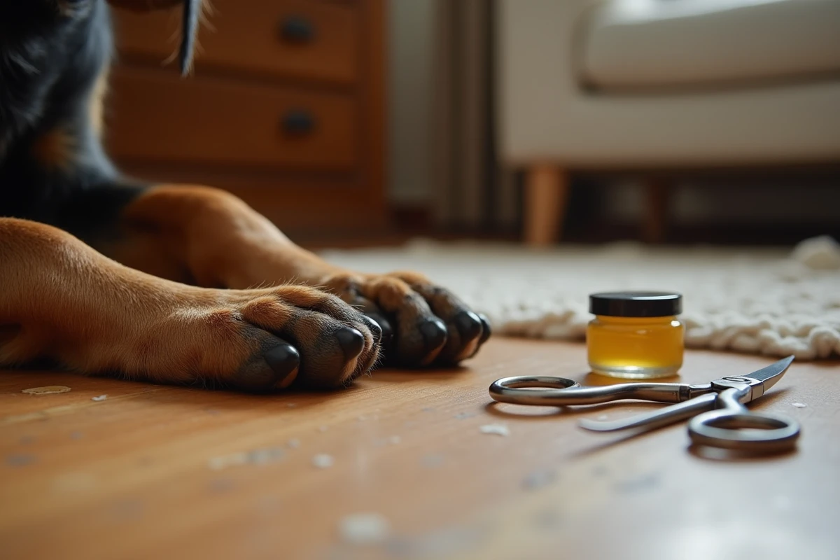 Gros plan sur l'ergot d'un Beauceron soigné à domicile avec du baume