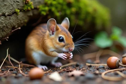 Petite souris brune mangeant une graine dans la nature