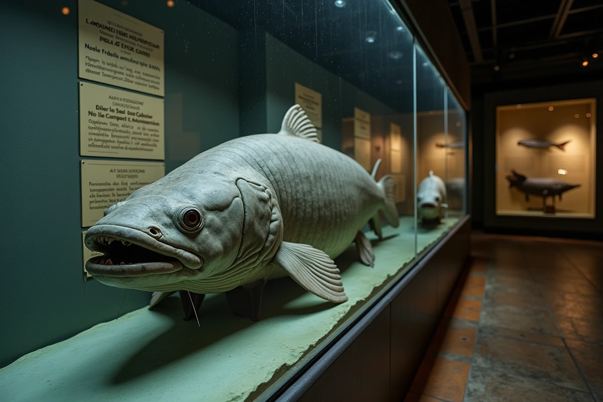 Spécimen de silure géant exposé dans un musée d'histoire naturelle avec des panneaux scientifiques en français