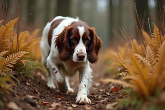 Springer anglais foie et blanc en position de pistage dans un champ doré en automne, collier de chasse en cuir, campagne française en arrière-plan