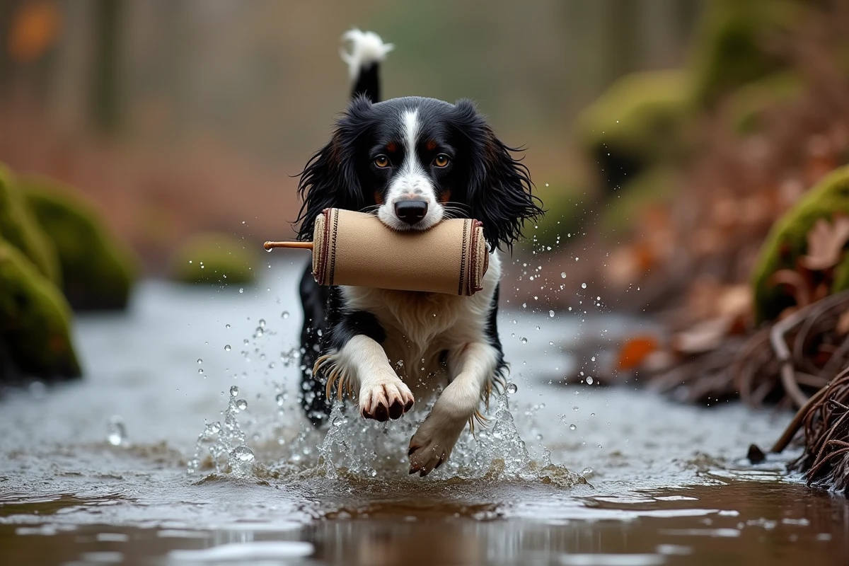 Springer anglais rapportant un dummy dans un ruisseau forestier en automne, fourrure mouillée, gouttelettes d'eau en suspension