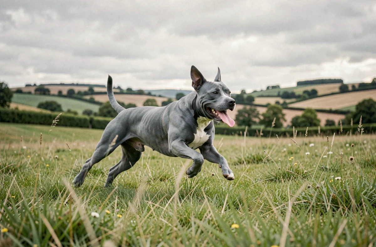 Staffie bleu adulte courant librement dans un pré verdoyant à la campagne