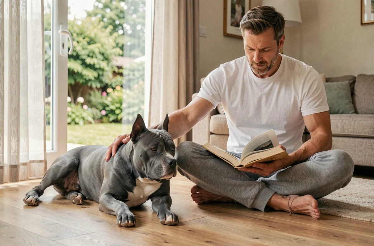 Staffie bleu adulte couché dans un salon confortable à côté de son maître dans une maison