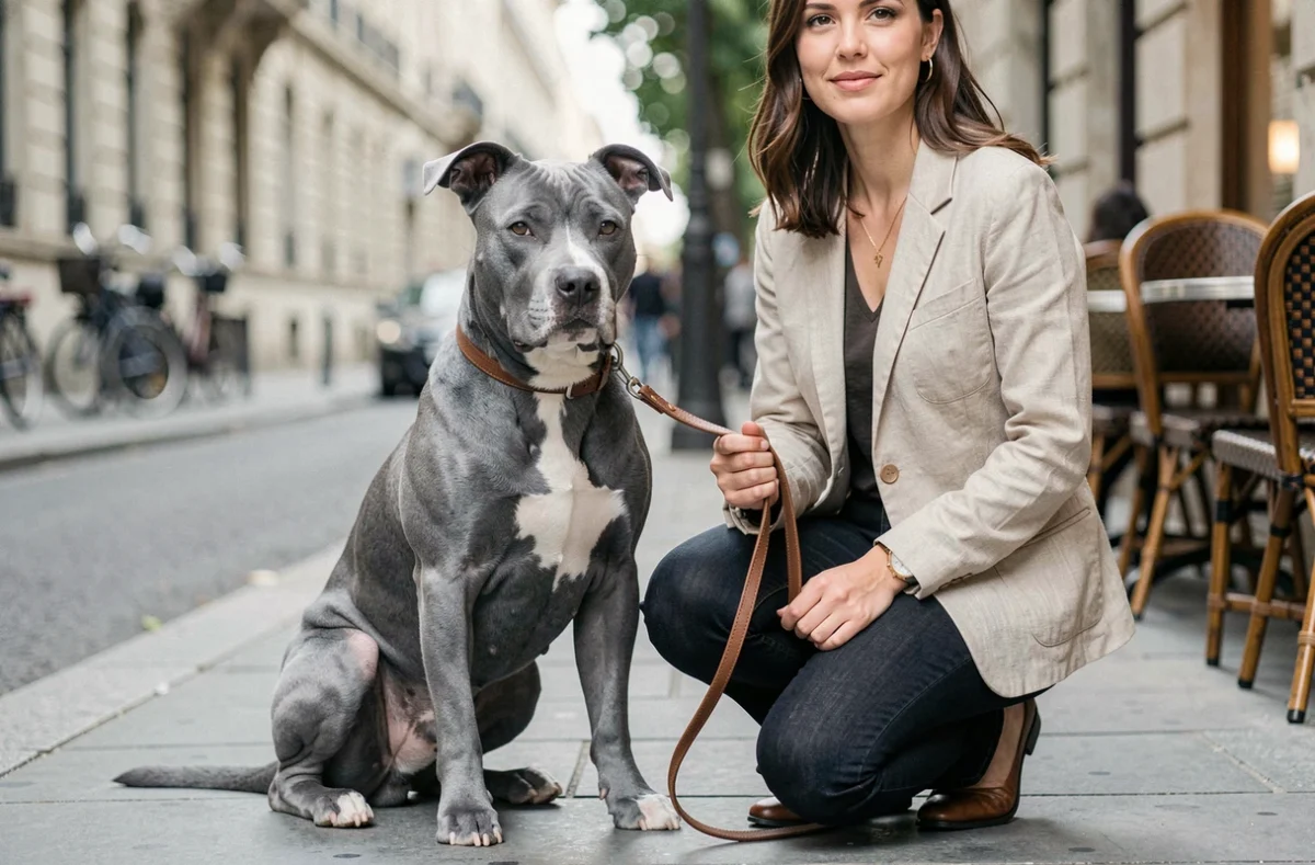 Staffie bleu adulte assis calmement sur un trottoir urbain aux côtés de sa propriétaire