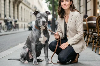 Staffie bleu adulte assis calmement sur un trottoir urbain aux côtés de sa propriétaire
