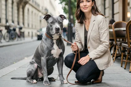Staffie bleu adulte assis calmement sur un trottoir urbain aux côtés de sa propriétaire