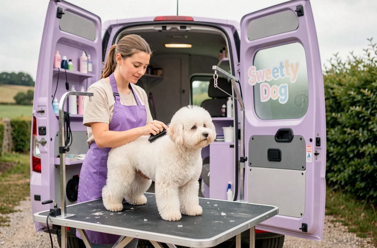 Toiletteuse professionnelle brossant un bichon frisé dans le van de Sweetty Dog dans le sud Manche