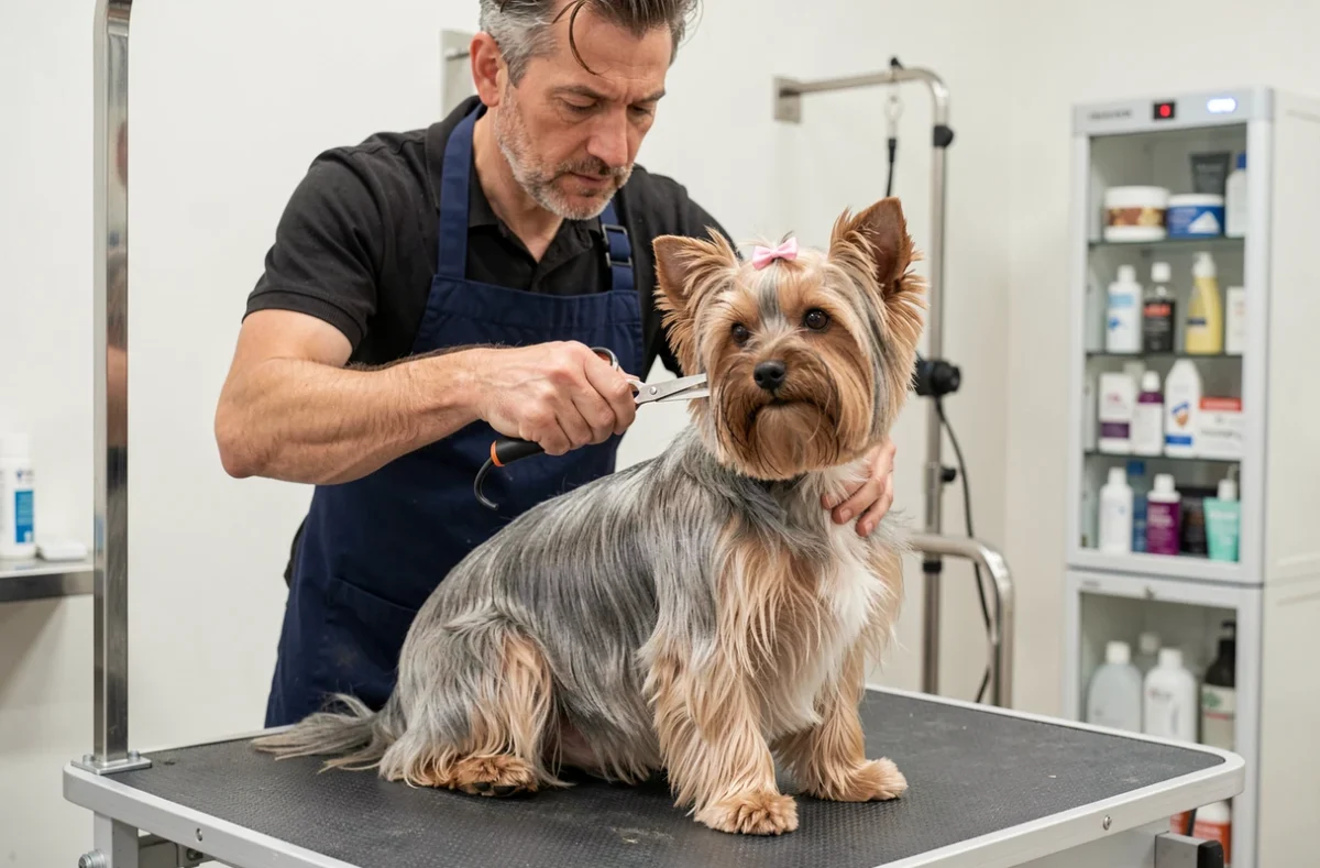 Toiletteur taillant un Yorkshire terrier avec des ciseaux dans le salon Sweety Dog à Châtellerault