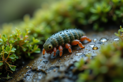 Gros plan d'un tardigrade parmi la mousse et gouttes d'eau